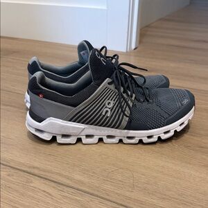 On Running Cloudstratus Shoes in Dark Gray and White